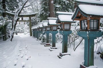 snow lanterns lined up leading to a shrine, footsteps in the snow