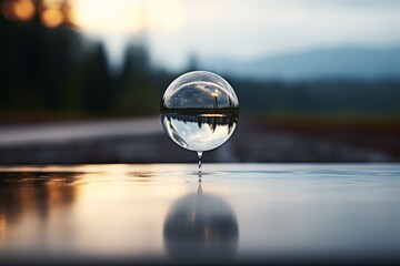 Transparent water drop with reflection of landscape inside