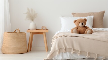 A cozy bedroom with a teddy bear on the bed - obrazy, fototapety, plakaty