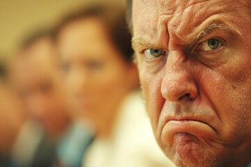 Close-up of a displeased senior man with furrowed brows in a blurred meeting room background. - obrazy, fototapety, plakaty
