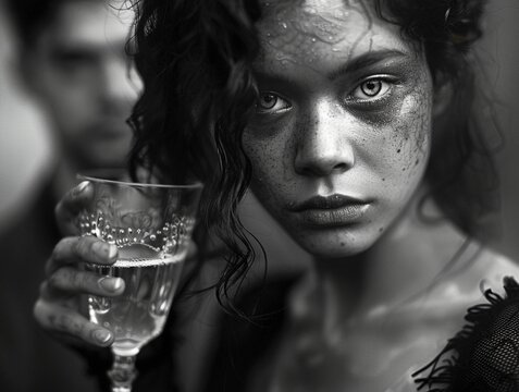 Stunning photos of a multiracial girl with unique gray eyes, dressed in fine mesh and rough leather, drinking champagne, with a frame of a defocused man in Noir style