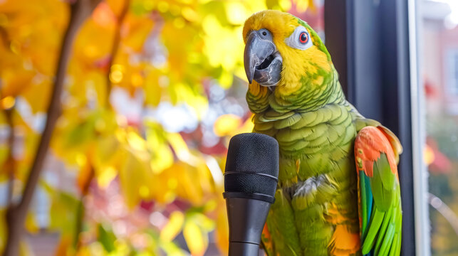 Vibrant parrot speaking into microphone