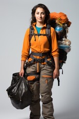Female mountaineer with large backpack and black garbage bag