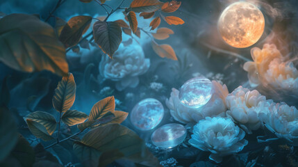 This captivating scene features moonlit orbs amidst a backdrop of mystical flowers, with a full moon adding to the allure - obrazy, fototapety, plakaty