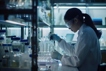 Progress in biotech medication, scientists examining molecular advancements, lab equipment