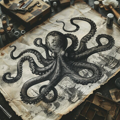 Giant octopus, ancient, ink-black, guarding the depths of the ocean, with sunken shipwrecks and lost artifacts in the background Illustration, Eerie backlighting, Inky shadows