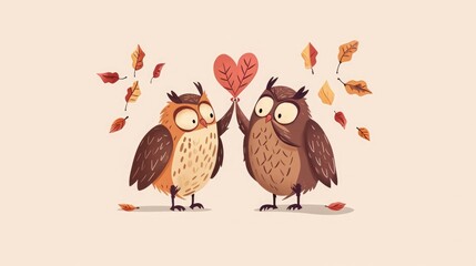 Obraz premium big owl couple, the male owl presents a heart made with leaves to his partner