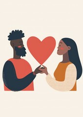 minimalistic flat illustration of a woman and afro american man, he gives her paper heart, clean pastel background