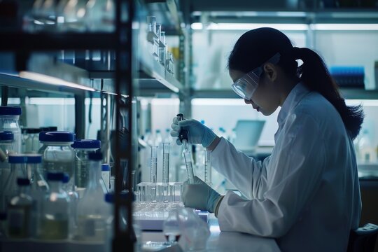 Progress in biotech medication, scientists examining molecular advancements, lab equipment