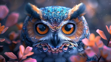 The colorful owl displays intricate feathers and captivating eyes drawing all attention to its mesmerizing face, Generated by AI.