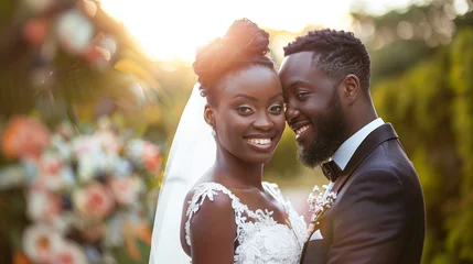 Fototapeten A beautiful black African bride and groom on their wedding day in a garden, smiling at the camera. Shallow depth, Golden hour light © Ratthamond