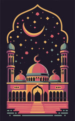 2d vector illustration art colorful Ramadan mosque professional shirt design, illustration, typography, dark fantasy