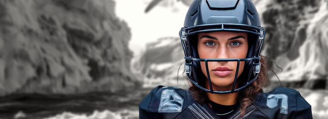 Confident female football player in helmet