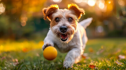 A cute Jack Russell Terrier dog running and playing with a ball in the garden in sunset light, with a happy facial expression, A close up view.