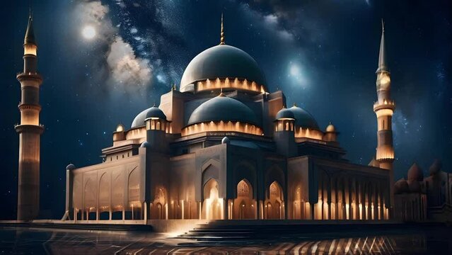 generative ai mosque with views of the starry sky and shooting stars