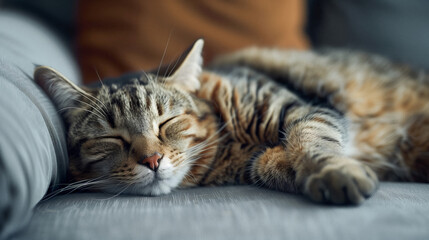 A cute cat sleeping on the sofa, eyes closed and peaceful expression, close up shot, blurred background, indoor environment, natural light, soft tones