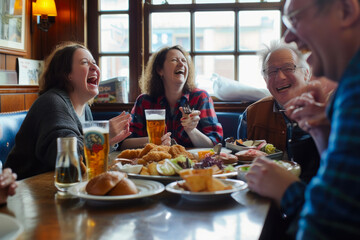 Cheerful Friends Enjoying Pub Cuisine Together