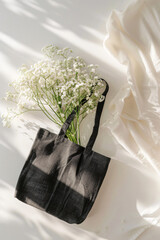 Mock-up scene of blank black tote bag with flowers - 768909009