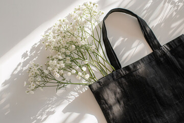 Mock-up scene of blank black tote bag with flowers - 768909011