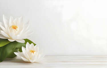 beautiful water lilly lotus flower on white wooden table - obrazy, fototapety, plakaty