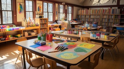 Art classroom with tables and chairs arranged for a class