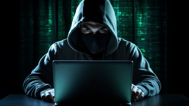 A masked man in a hoodie is using a laptop in a dark room with green binary code in the background