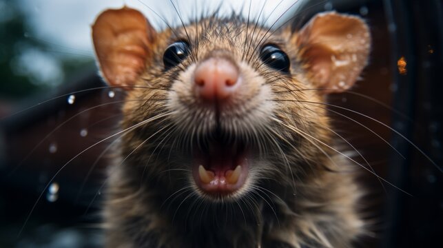 Close up of a rat looking at the camera with its mouth open