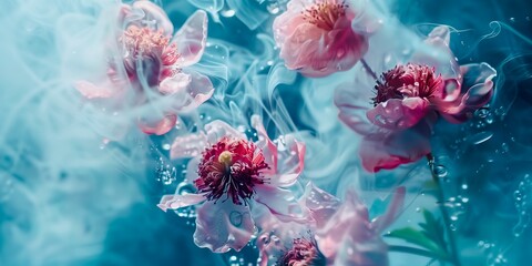 Wonder various rococo’s flowers becoming translucent shimmering and evaporating into abstract concept petals  melting and dissolving into mist.  - obrazy, fototapety, plakaty