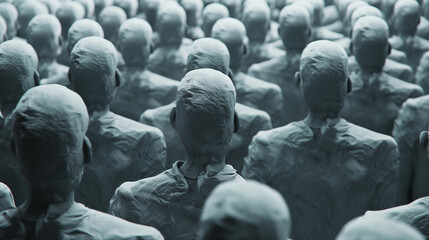 An arrangement of multiple identical figures with textured grey skin, creating a strong instance of crowd or collective under artificial lighting, suggesting uniformity and conformity. - obrazy, fototapety, plakaty