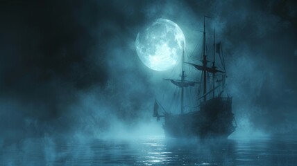 A ghost ship emerging from the fog at midnight, full moon above