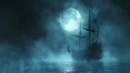 Fotobehang A ghost ship emerging from the fog at midnight, full moon above © Anuwat