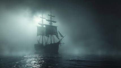 A ghostly pirate ship vanishing into the fog, legend sails