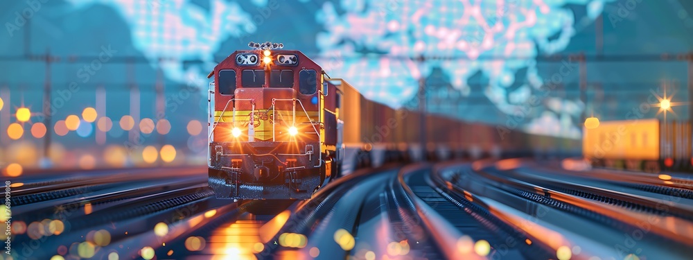 Leinwandbilder in the foreground, a sharp image captures a freight train laden with containers, while a blurred map