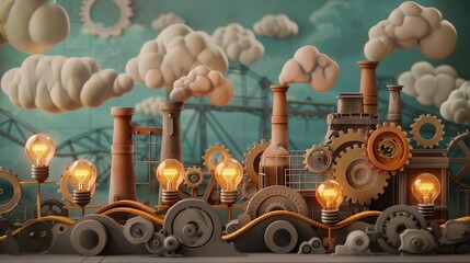 Innovation Factory, A whimsical factory where gears, belts, and chimneys produce light bulbs, symbolizing the manufacturing of ideas