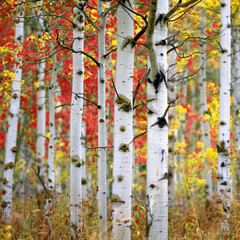Aspen Tree in Fall Autumn Selective Focus Blurred Background Red and Yellow