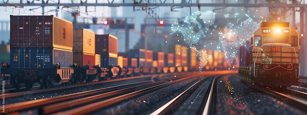 Leinwandbilder in the foreground, a sharp image captures a freight train laden with containers, while a blurred map