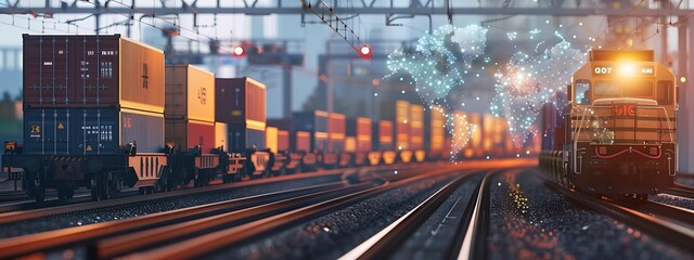 In the foreground, a sharp image captures a freight train laden with containers, while a blurred map of worldwide rail networks serves as the backdrop