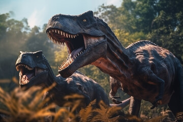 two dinosaurs, t-rex with open mouth in previous natural habitat on sunny day, shallow focus on...