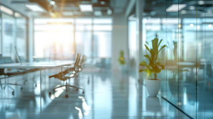 Fototapeta premium A blurred office conference room with large glass windows, blurred modern office meeting room interior
