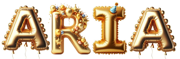 Aria Letters - Golden Balloon, 3D - Isolated on Transparent or White Background PNG - Best for Birthday Illustration Design