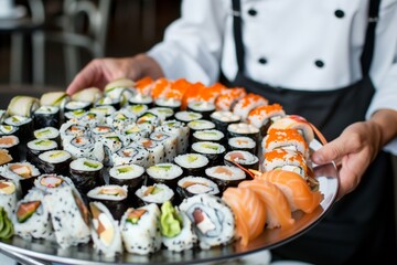 waiter in a sushi restaurant presenting a platter of assorted rolls