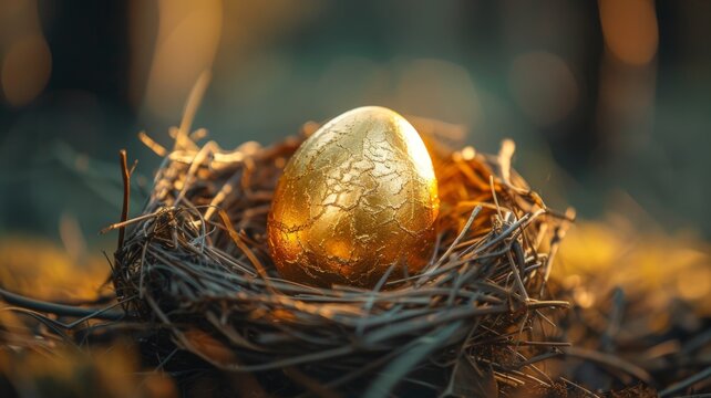 A nest egg that cracks open to reveal a golden egg, showing the fruits of patient investing.