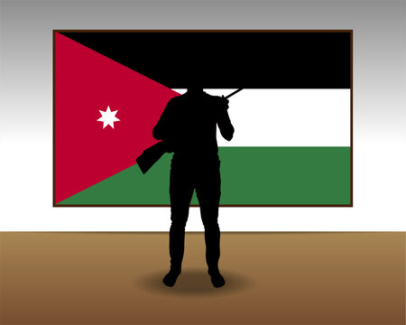 Man holding a gun in front of Jordan flag, fight or war idea