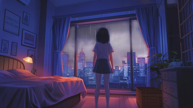 anime woman stands in a room near her window, looking out towards the cityscape with animated rain