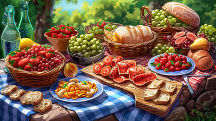 Picnic food and drinks on checkered blanket - 768910202