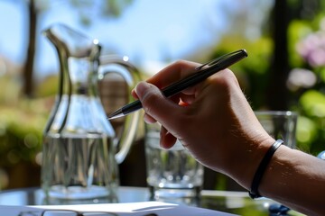 Fototapeta premium hand holding pen, ready to write, with water pitcher and glasses in background