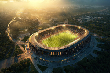 Aerial view of soccer stadium surrounded by city buildings with sunset in the background