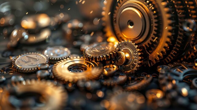 A series of gears, each turning to drop more coins into a growing pile, showing investment mechanics.