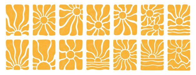 Large set groovy sun. Yellow textured retro sun. Posters from the 70s and 60s. Hippie style. Summer vintage patterns