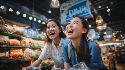 Fototapeta na wymiar Two Asian women laughing in a grocery store